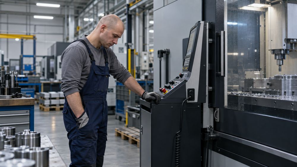 Zamišljen i iscrpljen radnik stoji pored industrijske mašine u proizvodnom pogonu.