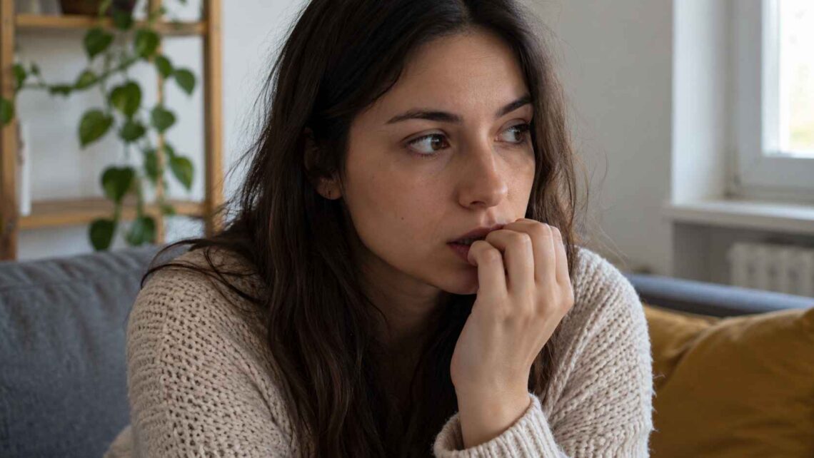 Žena gricka nokat dok zamišljeno sedi u dnevnoj sobi