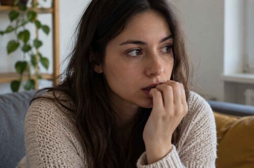 Žena gricka nokat dok zamišljeno sedi u dnevnoj sobi