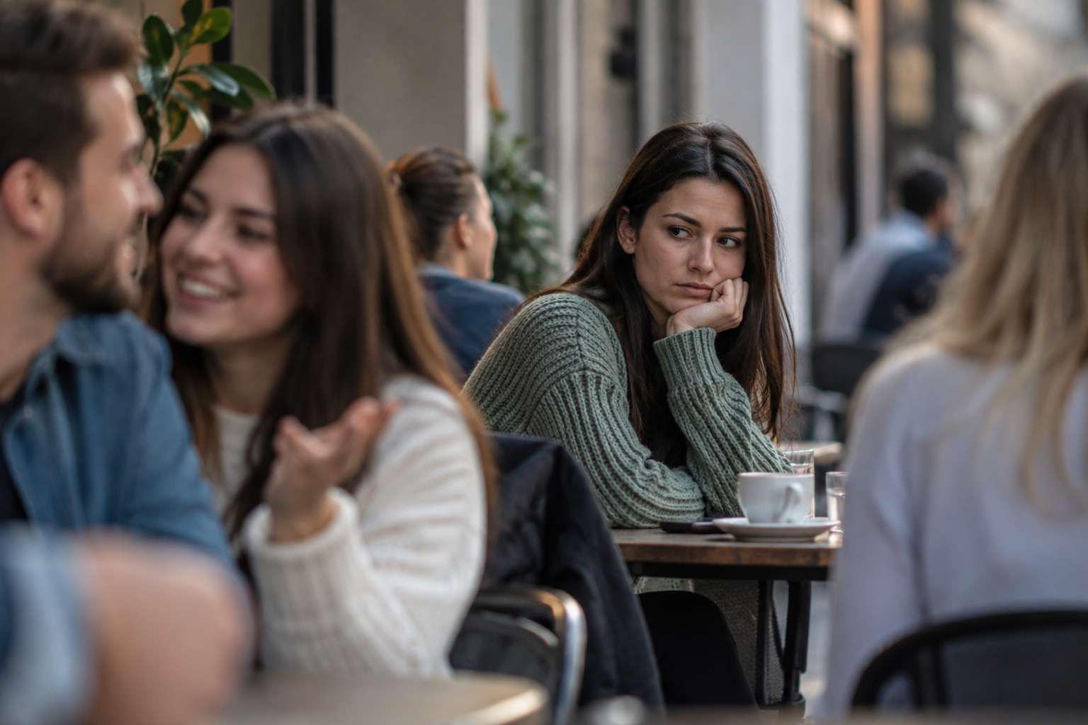 Zamišljena žena sedi sama u kafiću i posmatra ljude oko sebe, osećajući nesigurnost i izdvojenost iz društva.