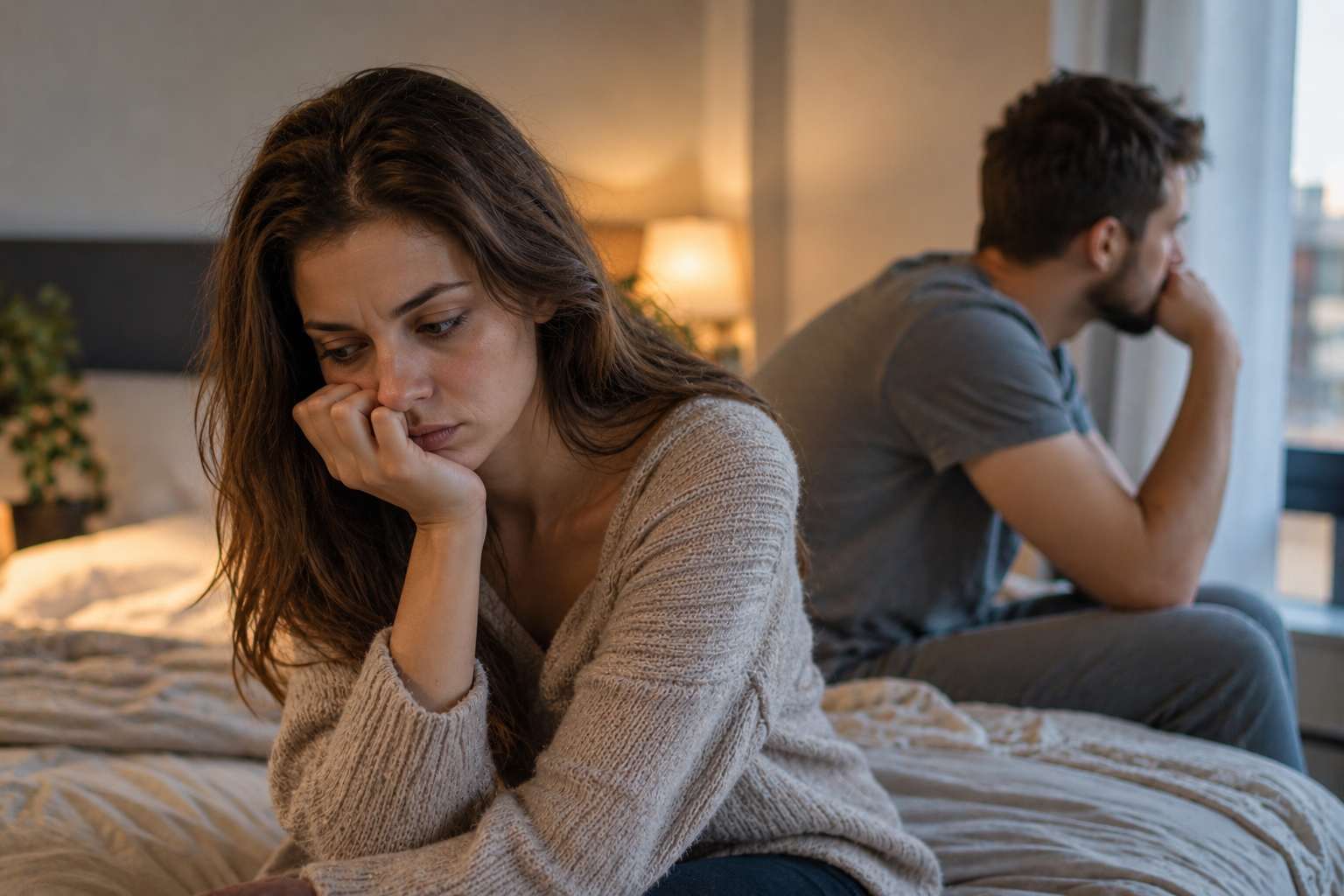 Žena sedi zabrinuta dok njen partner okrenut leđima gleda kroz prozor, prikazujući emocionalnu udaljenost u vezi.