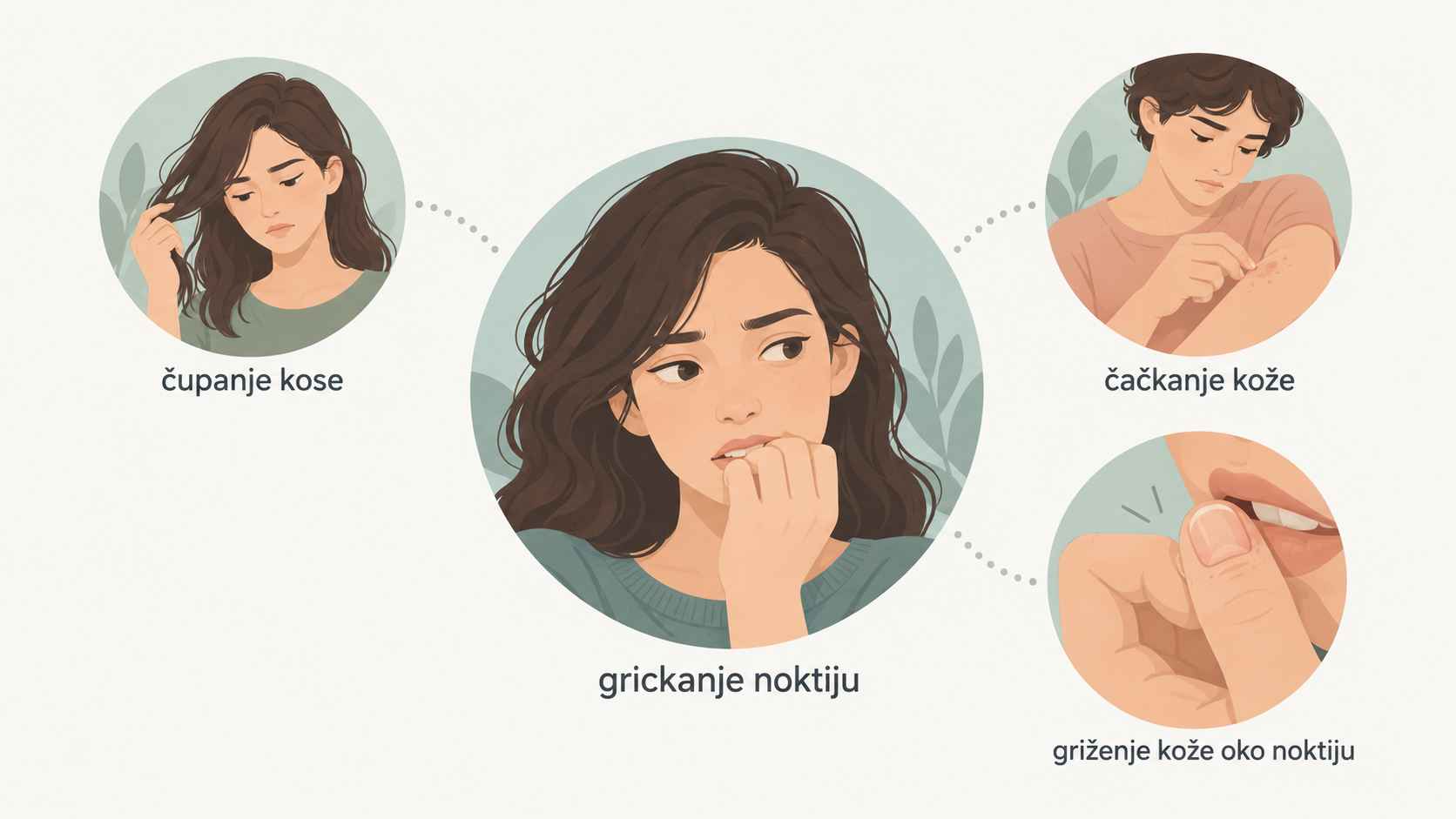 Ilustracija grickanja noktiju, čupanja kose i čačkanja kože