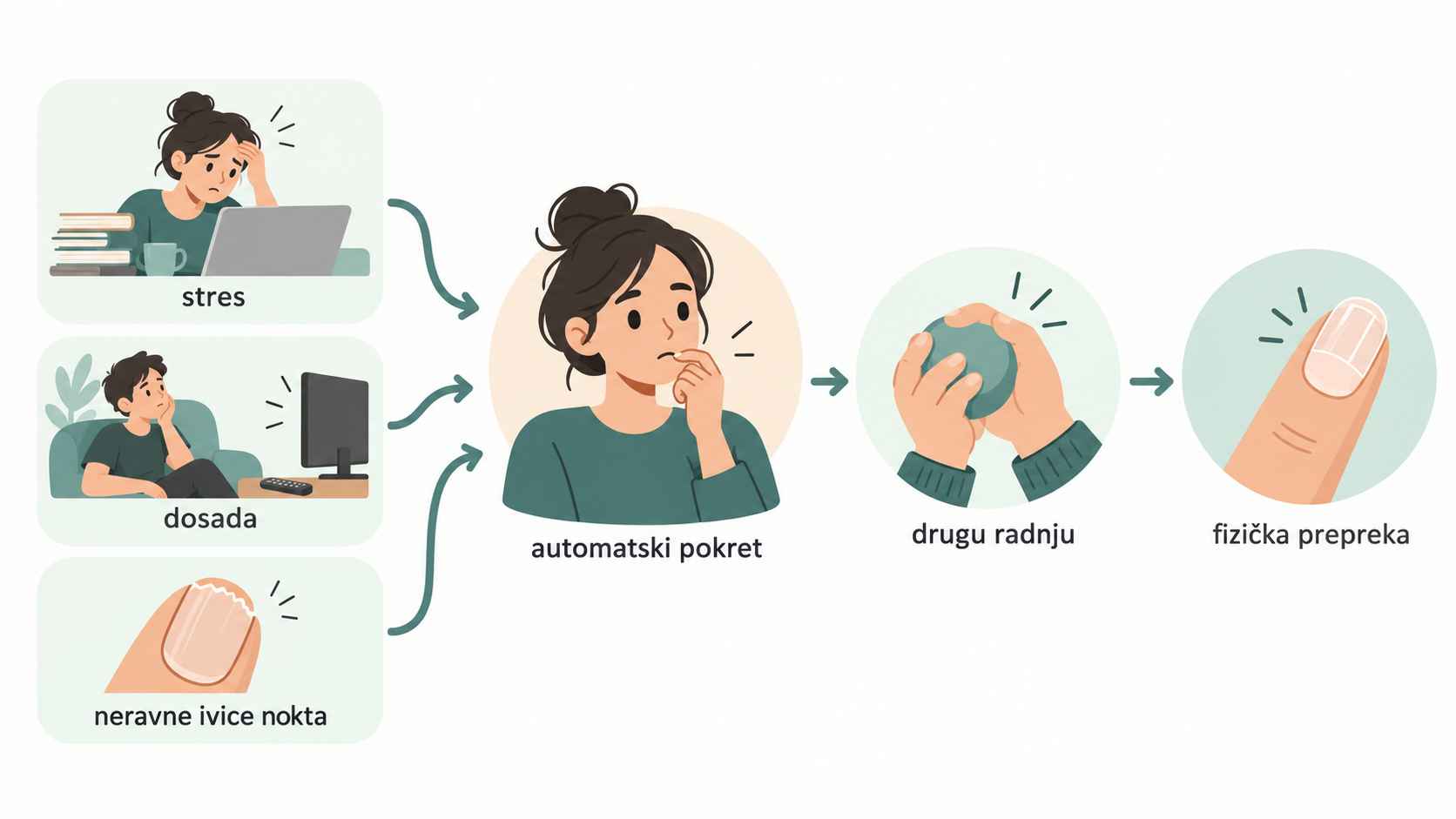 Ilustracija okidača za grickanje noktiju i zamenskih radnji